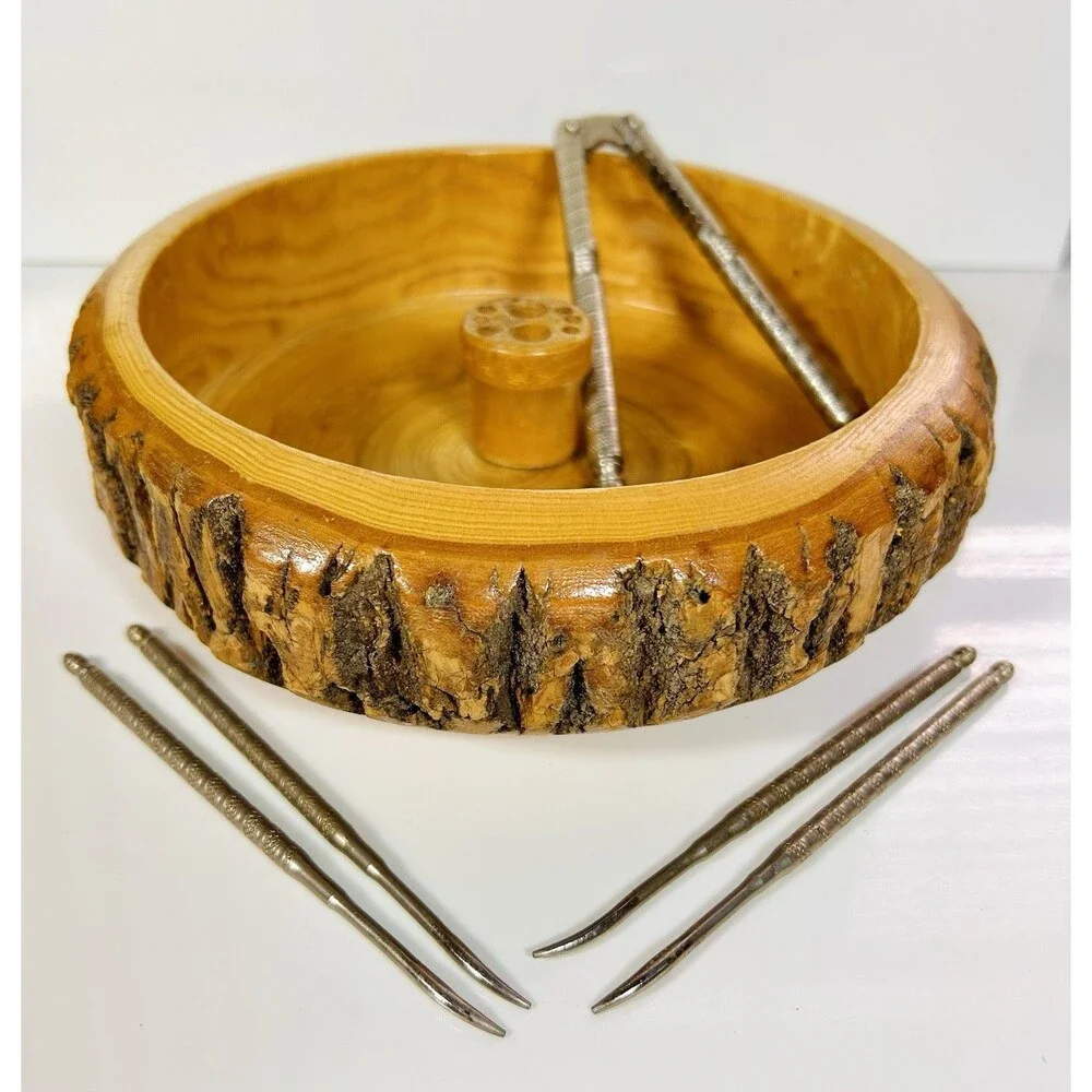 Mid Century Vintage Rustic Handcrafted Live Edge Nut Cracker Bowl Set